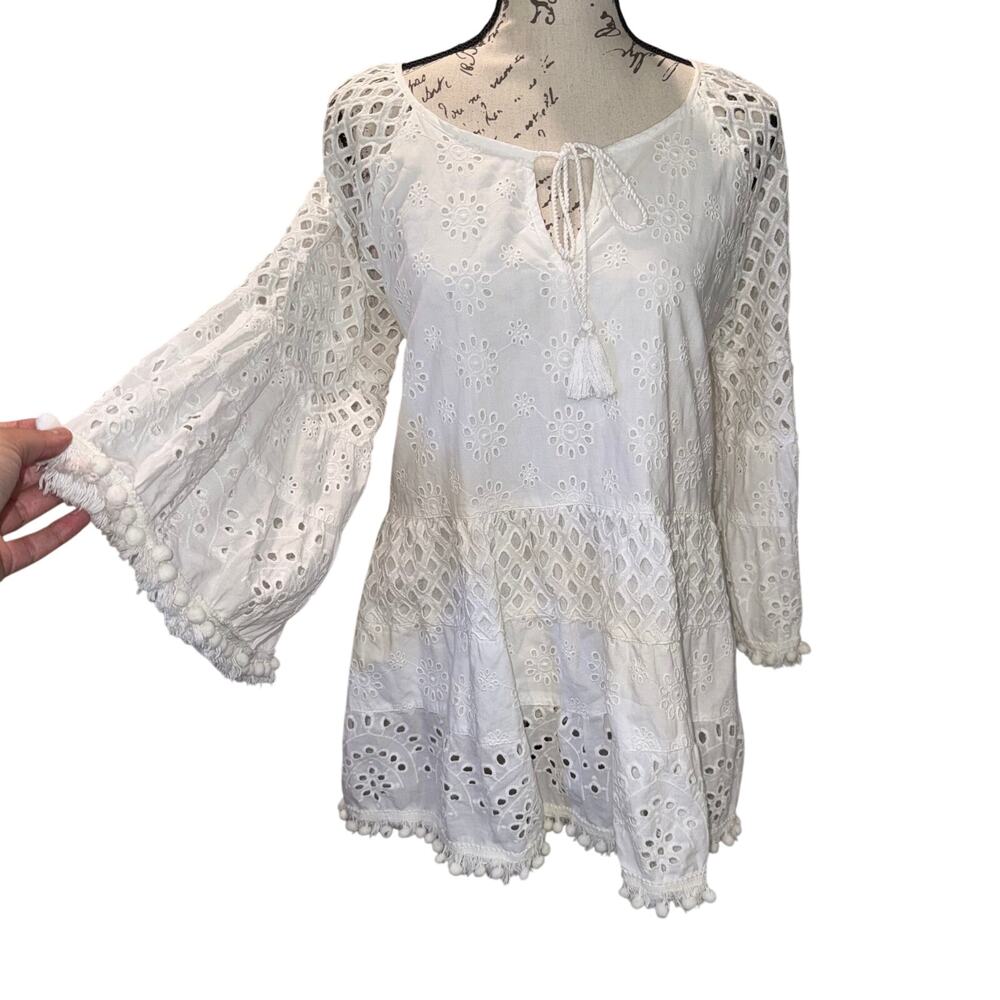 RD & Koko White Embroidered Tunic Flare Sleeve Tiered Boho Cottagecore S Cotton